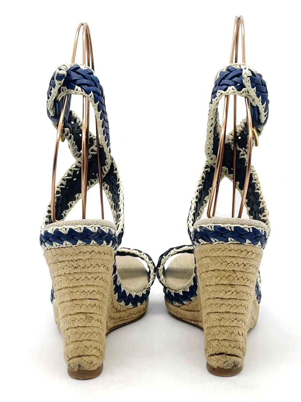 Tory Burch Lilah Espadrille Wedge Sandals Size 37 Cobalt Natural Braided Leather